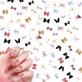Nail Parts, Ribbon, Approximately 100 Pieces, 3D Dimensional, Bowknots, Butterflies, Nail Parts, Stones, Cute, Large, Ribbon Parts, Nail Art, Jewelry Parts, Resin, Deco Parts, Random Color (Mixed C)
