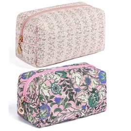 HHQQWZ Makeup Bag Travel Cosmetic Bag for Women Girls, Zipper Make Up Pouch, Floral Flowers Toiletry Organizer Makeup, Portable Storage Bag, Cosmetic Travel Cloth Bag (Pink+Flower-Pink)