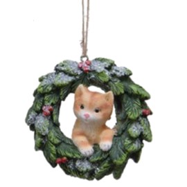 KAE Holly Wreath Open Design Pet Friends - Dogs and Cats - Christmas Tree Resin Ornaments/Baubles - Red, Green, Brown, Grey - Set of 4-8 cm