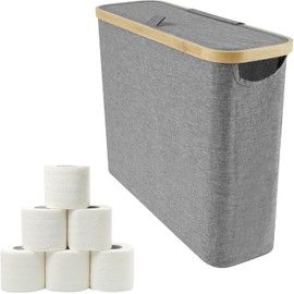 Hnvdkln Toilet Paper Storage Basket, Toilet Paper Organizer for Bathroom, 12 Rolls Compatible, Bamboo Toilet Paper Storage Holder Stand with Handle, Toilet Paper Bin for Home (Grey)