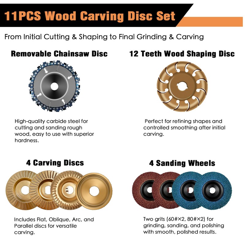 11PCS Wood Carving Disc Set for 4" or 4 1/2"