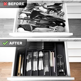 Premium Expandable Kitchen Drawer Organizer - 100% Bamboo Organizer Tray - Great for Silverware, Large Utensils, Flatware, Cutlery - 8 Compartments with Knife Block - Perfectly Fits Your Drawers