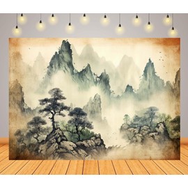 CORFOTO 8x6ft Fabric Chinese Mountains Water Painting Fabric Backdrop Clouds and Pines Landscape Photography Background Huangshan Ink Painting Home Chinese Decor Wall Props