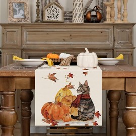 Fall Table Runner Pumpkins Cat Maple Leaf Autumn Harvest Seasonal Thanksgiving Decorations for Home Kitchen Dining Room Party Decor 13 x 120 Inch