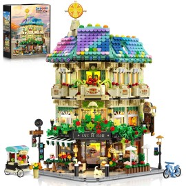 INSOON 1876PCS Flower Cafe House Building Set with Lights, City Street Corner Shop