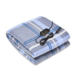 EZONE 12V Electric Heated Car Blanket Portable Heated Throw Blanket for for Car, Truck, SUV, or RV Camping Essentials 3-Heat Remote 12-Volt Plug in Heated Electric Fleece Blanket (Light Blue Plaid)