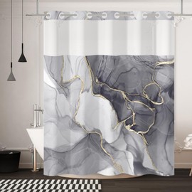 Yanutan No Hook Shower Curtain,Gray Marble Double-Layered Shower Curtain with Snap-in Liner and Weights,Modern Abstract Luxury Fabric Bath Curtain with See Through Mesh, 71x74in