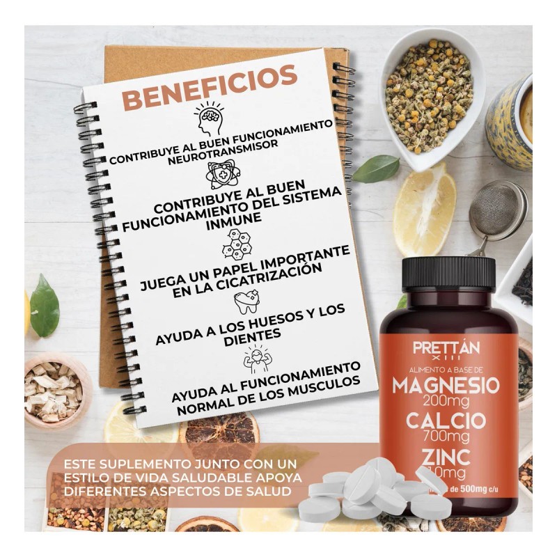 Suplemento Magnesio Calcio Y Zinc Prettan 60 Capsulas 500mg Sin