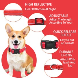 Maiiu Reflective Dog Collar with Safety Locking Buckle, Adjustable Soft Breathable Nylon Collars for Small, Medium and Large Dogs(Collar+Leash XS Width 5/8" Red)