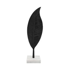 Sagebrook Home 19" Metal Leaf Sculpture - Contemporary Black Aluminum Decorative Palm Leaf Statue on Marble Base for Home or Office Table Decor