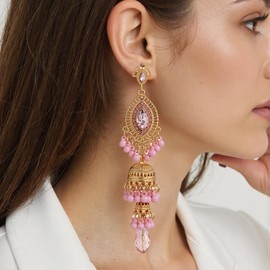 ALRNBY Indian Earrings for Women Jhumkas Indian Jewelry Vintage Tassel Dangle Boho Chandelier Rhinestone Earrings (Pink)