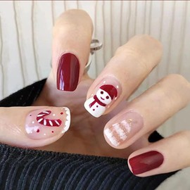 Aucenix Cute Christmas Press On Nails Short Gel Nail Kit, Polish-Free Color Manicure Fake Nails Full Cover with Prep Pad, Mini Nail File, Cuticle Stick, adhesive tabs for Party (Christmas -D)