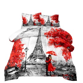 DYcolor Romantic Paris Eiffel Tower Printed Quilt, Red Maple Leaf with Lover Coupler Comforter Set with 1 Comforter and 2 Pillow Cases for Kids Girls Women (Twin, Red)