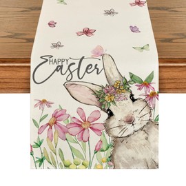 ZCHOMI Easter Bunny Floral Table Runner 13x72 Inch Happy Easter Rabbit Flowers Kitchen Dinning Table Decoration for Indoor Outdoor Home Party Décor