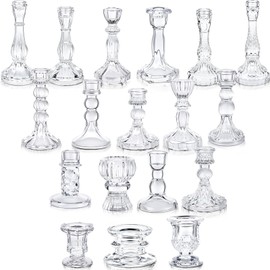 Mumufy 18 Pcs Glass Crystal Taper Candle Holders Clear Glass Candlestick Holder Fit 0.8 Inch Candles Crystal Decorative Candlestick Stand Centerpiece for Table Wedding Dining Party