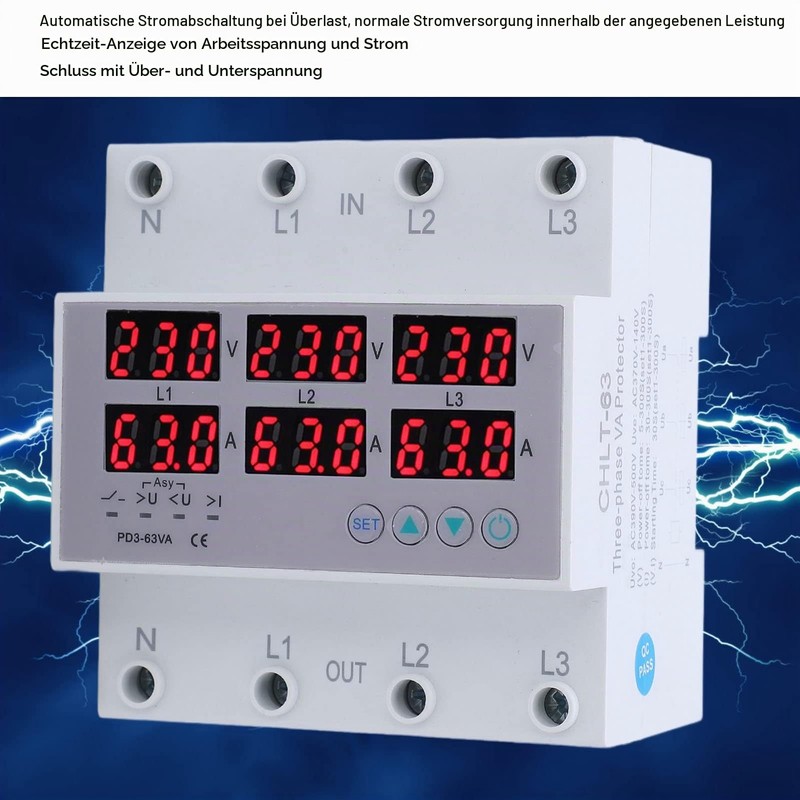 AC230-300V 3 Phase DIN Rails Voltmeter Ammeter Adjustable Surge and