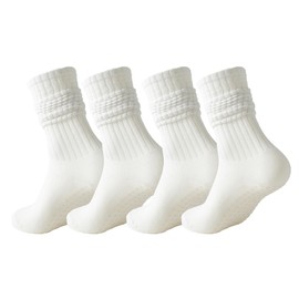 Digoon 4 Pairs Pilates Socks with Grips for Women Non-slip Slouchy Yoga Grip Sock for Barre Workout Hospital (US, Numeric, 5, 10, Regular, Regular, 4 Pairs White)