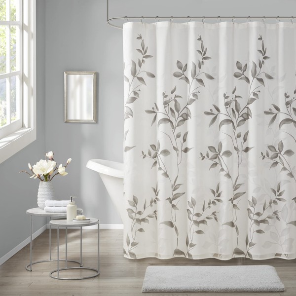Madison Park Cecily Botanical Modern Shower Curtain, Contemporary Design Water Repellent Shower Curtains for Bathroom, 72 X 72, Grey