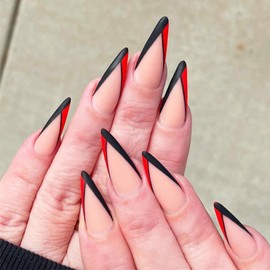 Red Black French Tips Press on Nails with Contrast Color Design, Matte Long Stiletto False Nails Gel Glue on Nails, Black Line Manicure Art Acrylic Fake Nails Stick on Nails for Coquette Women 24Pcs