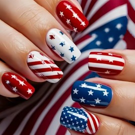 Patriotic Press On Nails for 4th of July - Red White And Blue American Flag Nails - Medium Length Fake Nails - Independence Day Nail Art -fourth of July Nails For Girls Women - 24Pcs Full Set