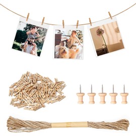 Furuising Pack of 156 Small Wooden Clothes Pegs, Wooden Pegs, Small, 25 mm Natural Mini Clothes Pegs, Small with 10 m Jute Cord and 5 Picture Needles for Hanging Photos, DIY Craft Decoration