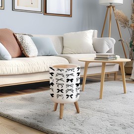 Trash Can with Lid Illustrations black vintage bow set Bow for girly hair decor flat Press Top Round Small Garbage Bin with Wooden Legs Waste Basket for Kitchen Bedroom Nursery 7L/1.8 Gallon