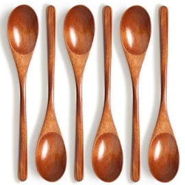 Wooden Spoons, 6 Pieces Wood Soup Spoons for Eating Mixing Stirring Cooking, Long Handle Spoon with Japanese Style Kitchen Utensil Teaspoon Coffee Spoon