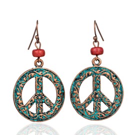 KaFu Unique Antique Silver Round Peace Sign Symbol Hook Dangle Drop Earring Vintage alloy Hollow Carved Flower Drop Earring For Women Jewelry Gift (Ancient gold)