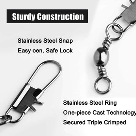 ENERHIKE Fishing Barrel Swivel with Safety Sanp, 50pcs Stainless Steel Fishing Snap Swivel Saltwater High Strength Interlock Sanp Swivel Freshwater Lure Line Connector #3/0