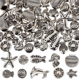 SUNNYCLUE 1 Box 100Pcs 10 Styles Ocean Beads Sea Life Beads Tibetan Alloy Summer Turtle Fish Starfish Dolphin Silver Sea Beads for jewellery Making Beads Findings Supplies DIY Craft Necklace Bracelet