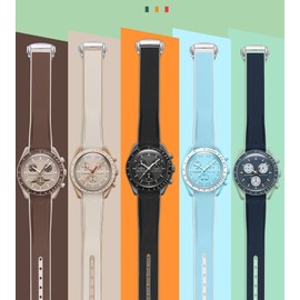 Wentokye Curved End Rubber Strap Compatible with Omega X Swatch Moonswatch Speedmaster and more 20mm Watch，Swatch Omega Moonswatch Speedmaster Watch Replacement Band Deployment Buckle Men Women(Brown)