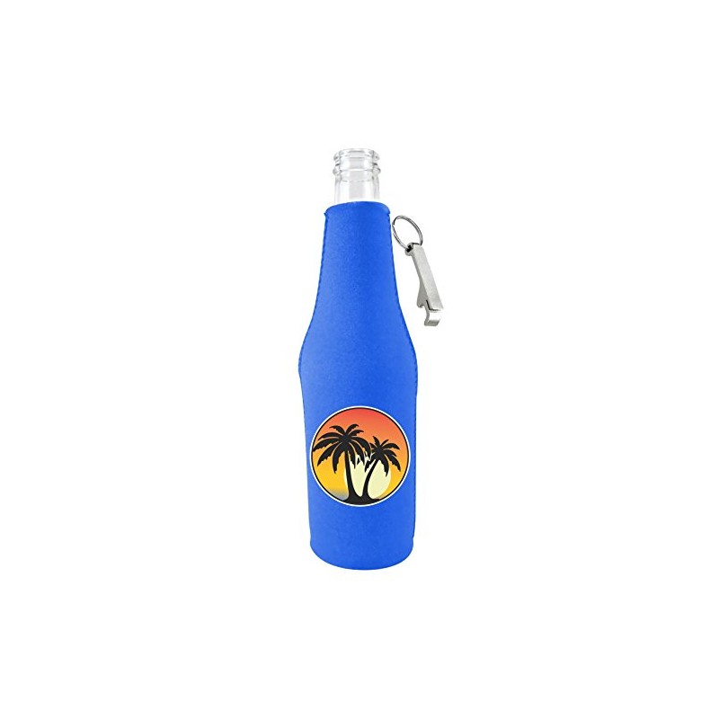 Palm Tree Sunset Beer Bottle Coolie With Opener (Royal Blue)