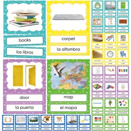 Affrolling 36 Sheet Spanish/English Classroom Labels Accents Cards 6 x 8 Inch Spanish Language Labels Spanish/English Vocabulary Word Cards for Homeschool Classroom Spanish Learning Materials