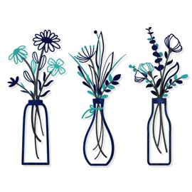 3 Pieces Metal Flowers Wall Arts - Rustic Farmhouse Style Décor Metal Wall Art Black Minimalist Flower Natural Themed Wall Decors for Home Bedroom Dining Room Housewarming (Blue)