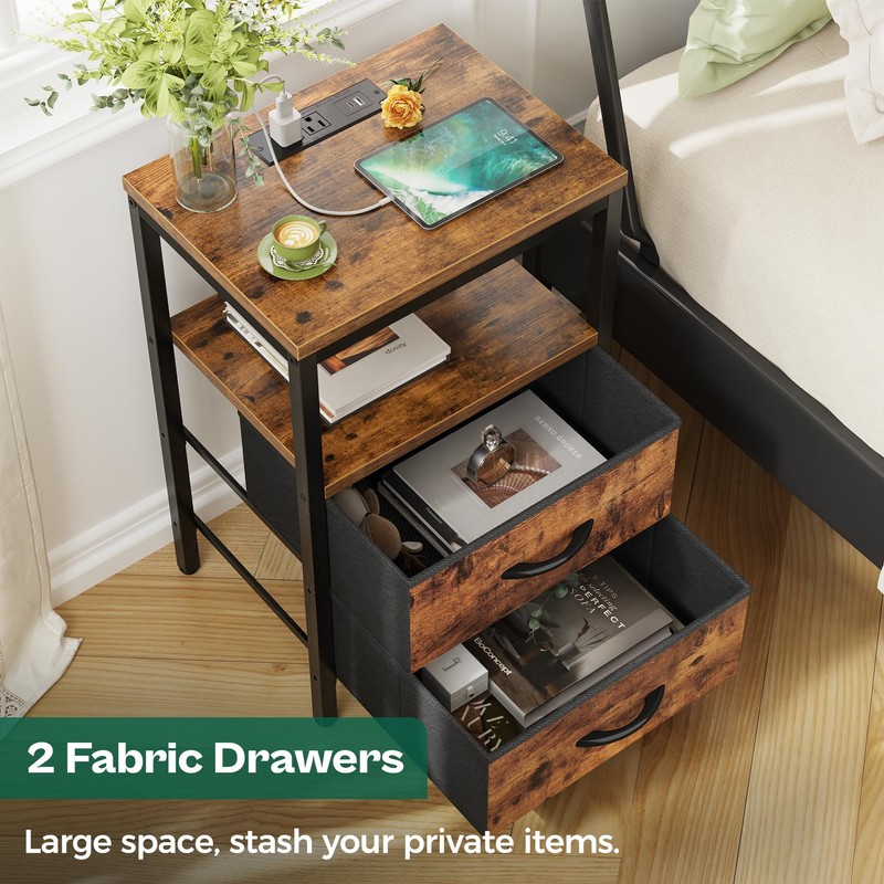 Huuger Nightstand with Charging Station, Fabric Drawers, End Table with