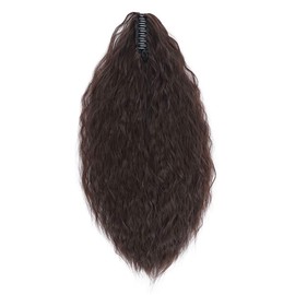 24" Long Ponytail Extensions Yaki Synthetic Claw Clip in Pony Tails Corn Wave Ponytail Curly Hairpiece for Women Dark Brown