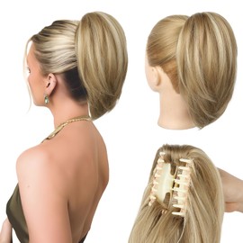 NTYNTY Ponytail Extension, 10" Short Claw Clip in Ponytail Hair Extensions Messy Bun Hair Piece Natural Soft Synthetic Straight Pony Tail Hair Pieces for Women - Golden Blonde with Highlights