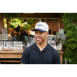 Funky Junque Anti Social Club Embroidered Snapback Trucker Hat, Two Tone Canvas Snapback Cap, Embroidered Adjustable One Size Baseball Hat, Navy/Beige