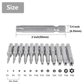 Mesee Set of 12 Pieces Torx Head Screwdriver Bits 1/4 Inch Hex Shank T5-T40 Magnetic Star Torx Head Security Tamper Proof Electric Screw Driver Drill Bit Tool Kit, 50mm Length