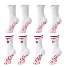 Guegine 4 Pairs Cute Pilates Grip Socks for Women, Non Slip Yoga with Embroidery Pattern, Non-Slip Sport Crew Sock Ballet, Full Toe Ankle Socks，Comfortable and Breathable, Barre, Fitness, Home