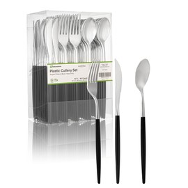 Restaurantware-Moderna 7.5 Inch Fancy Flatware, 60 Durable Plastic Flatware - With Black Handle, Heavy-duty, Silver Plastic Sustainable Cutlery, Easily Disposable Or Restaurants