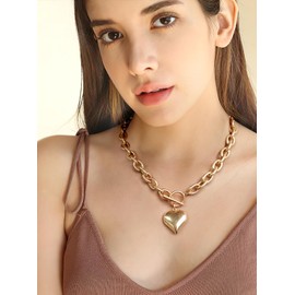 HolidayQbee Puffy Gold Necklaces For Women Gold Heart Necklace Chunky Gold Link Necklace Heart Pendant Necklace Fashion Heart Chain Necklace Present