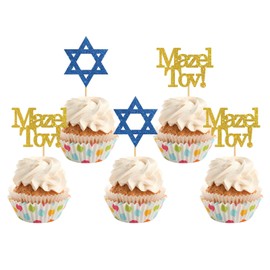 Mazel Tov Cupcake Toppers, Congratulations Party Decorations, Engagement, Baby Shower, Bar Mitzvah, Birthday, Wedding, Jewish Party Decorations Supplies, Pack of 24 Glitter