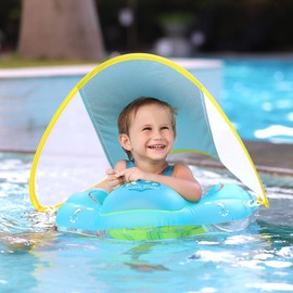 Baby Swimming Ring, Children's Swimming Aid Suitable for Children from 3 Months to 4 Years with Sun Canopy (Blue, L)