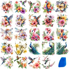 ZMRU 24 Sheets of Watercolor Style Rub on Transfers for Crafts - Perfect for Glass, Porcelain, Leather, Canvas, and Fabric Projects - IOD Transfers Included,3 * 3inch (Insects Birds)