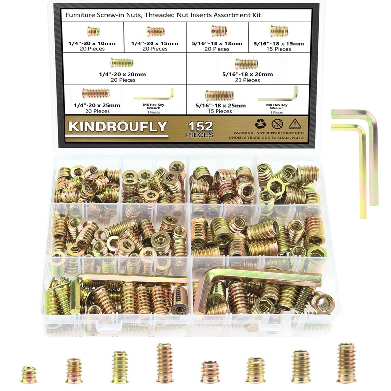 Kindroufly 152 Pieces 1/4"-20, 5/16"-18 Threaded Inserts, Nut Inserts, Wood