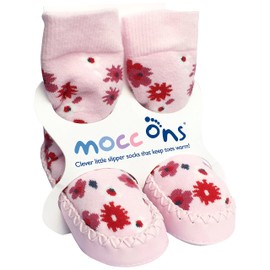 Mocc Ons moccasin washable leather sole slipper socks (6-12 Months, Floral Ditsy)