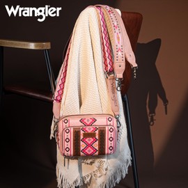 Wrangler Crossbody Bag for Women Boho Aztec Small Western Shoulder Bag with Wide Guitar Strap Gift Pink WG2207-3005LPK