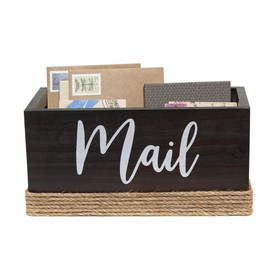 Elegant Designs HG2036-DWD Homewood Farmhouse Rustic Wood Decorative Mail Holder, Bills, Letter Storage, Sorter w Wrapped Rope, Cutout Handles w Mail White Script for Décor, Desk, Office, Dark Wood
