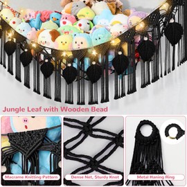 82.7x59x59 Inch Jumbo Stuffed Animal Storage Hammock Corner, Black Macrame Leaf Hanging Stuffed Animal Net Organizer for Stuffy Plush, Toy Hammock Holder w/LED Light for Boy Girl Gift Nursery Decor